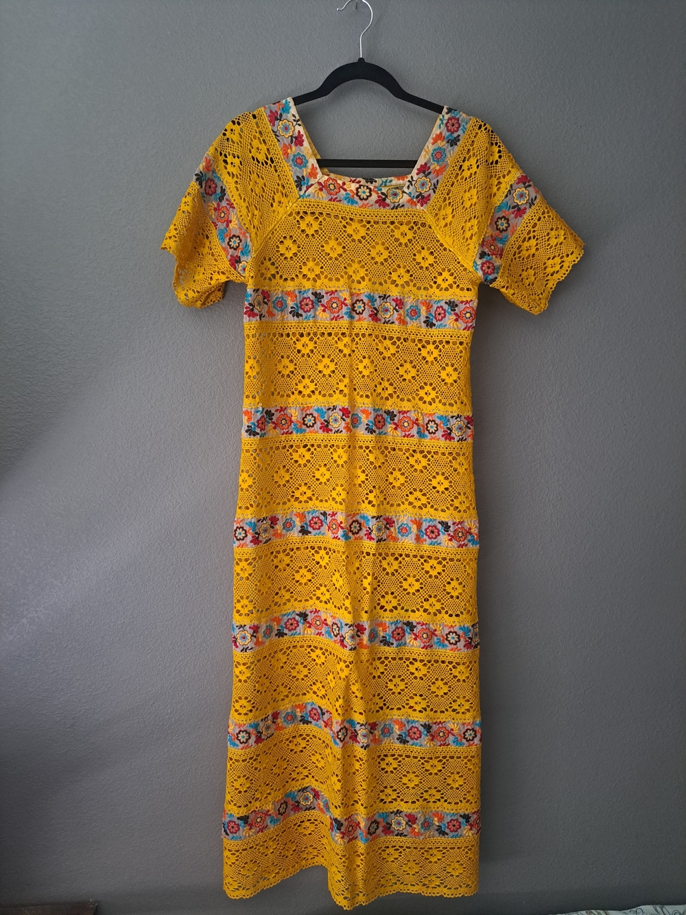 Sunshine Crochet Maxi Dress with Floral Stripe Accents